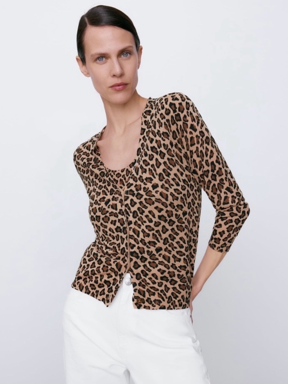 Zara “Basics” Tan and Black Leopard Print Crewneck Cardigan